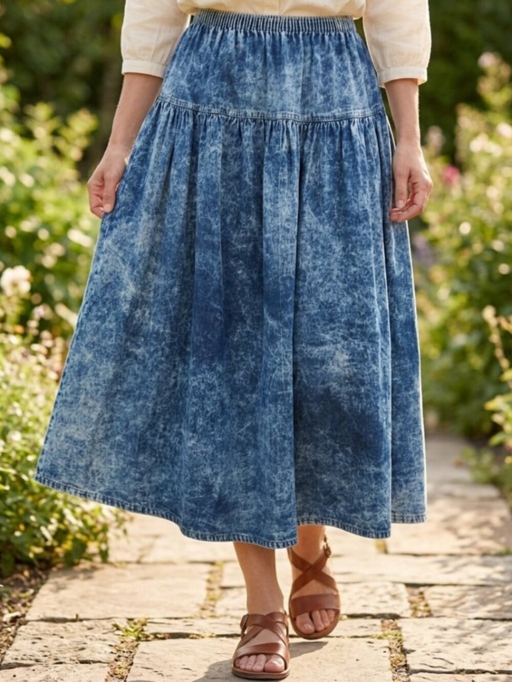 VTG 80s/90s Acid Wash Denim Maxi Skirt Elastic Waist Flared Pull-On Boho Grunge